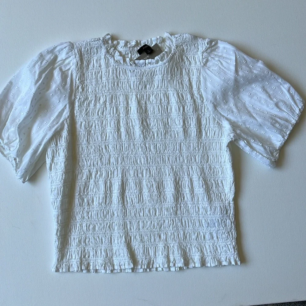 J.Crew Puff-Sleeve Textured Voile Smocked Top- White- Size Large - Picture 2 of 6